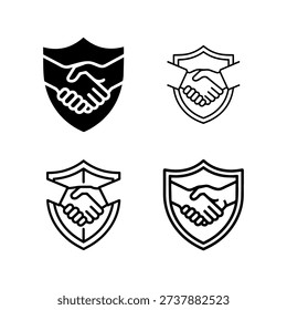 Four Shield Icons with Handshake Symbol Representing Security, Agreement, Trust, and Partnership Concepts