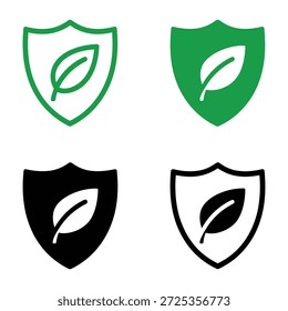 Vier Schild-Symbole mit einem Blatt-Symbol im Inneren, die Umweltschutz und umweltfreundliche Konzepte darstellen. Die Symbole unterscheiden sich in Farbe und Stil.