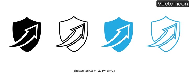 Cuatro iconos de escudo con flechas hacia arriba en diferentes colores para uso comercial y tecnológico