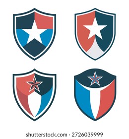 Vier schildförmige Logos mit Sternen in den Farben Rot, Weiß und Blau für das Branding von Nationalteams.