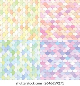 Four shimmering mermaid scale patterns, pastel-colored and subtly sparkling, perfect for whimsical designs