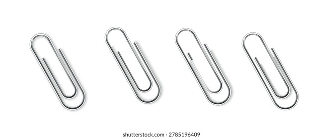 Four shiny metal paperclips arranged in a row on a clean white background