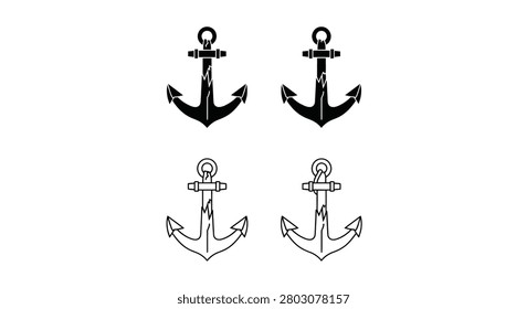 Four ship anchors are depicted as black line silhouettes against a white background, featuring a distinct outline style.