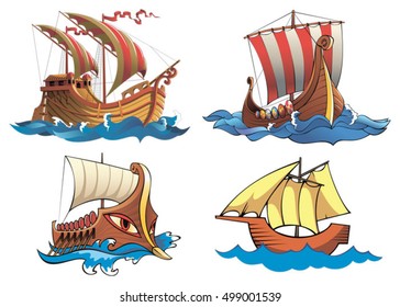 Four ships of different origin and ages, vector illustration