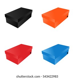 Four shoe boxes black, red, orange, blue isolated on white background. Shoebox. Vector illustration