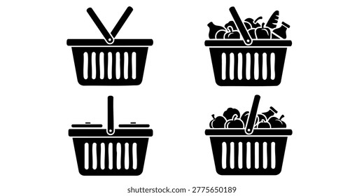 Four shopping baskets filled with various grocery items on display