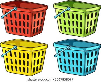 Cuatro cestas de compras en rojo, verde, amarillo y azul, ilustradas en un estilo de Vector de dibujos animados audaz con líneas limpias y colores brillantes