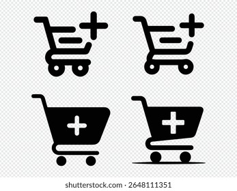Four shopping cart icons with a plus sign in black. The transparent background makes it easy for designers to use.