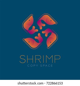 Four Shrimp symbol icon set orange violet gradient color design illustration isolated on blue color background with Shrimp text and copy space, vector eps10