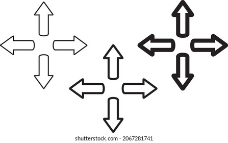 Four Side Arrow. Four direction arrow icon for your project. Simple black pointing arrows. Flat design style. Different thickness line icon on white background