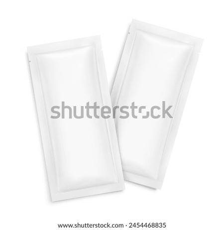 Four side seal sachet bag mockups. Flat lay view. Vector illustration. Can be use for template your design, presentation, promo, ad. EPS10.