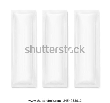 Four side seal sachet bag mockup. Flat lay view. Vector illustration isolated on white background. Can be use for template your design, presentation, promo, ad. EPS10.