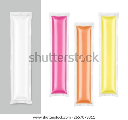 Four side seal sachet bag mockup for popsicle, frozen treat. Flat lay view. Vector illustration isolated on white background. Can be use for template your design, presentation, promo, ad. EPS10.