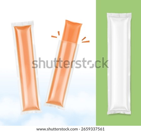 Four side seal sachet bag mockup for popsicle, frozen treat. Flat lay view. Vector illustration on colour background. Can be use for template your design, presentation, promo, ad. EPS10.