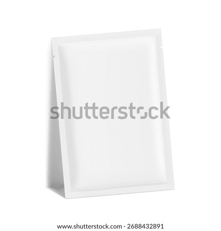 Four side seal sachet bag with tear notch mockup. Half side view. Vector illustration isolated on white background. Can be use for template your design, presentation, promo, ad. EPS10.