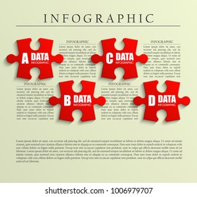 Four sided 3d puzzle presentation. Abstract puzzle infographic template with explanatory text field for business statistics. Vector four pieces puzzles illustration. Section compare service banner.