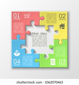 Four sided 3d puzzle presentation. Abstract puzzle infographic template with explanatory text field for business statistics. Vector four pieces puzzles illustration