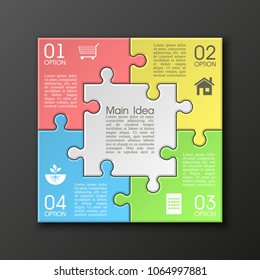 Four sided 3d puzzle presentation. Abstract puzzle infographic template with explanatory text field for business statistics. Vector four pieces puzzles illustration