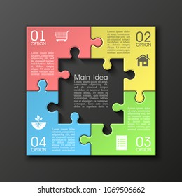 Four sided 3d puzzle presentation. Abstract puzzle infographic template with explanatory text field for business statistics. Vector four pieces puzzles illustration