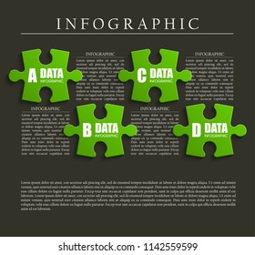 Four sided 3d puzzle presentation. Abstract puzzle infographic template with explanatory text field for business statistics. Vector four pieces puzzles illustration. Section compare service banner.