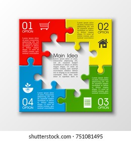 Four sided 3d puzzle presentation. Abstract puzzle infographic template with explanatory text field for business statistics. Vector four pieces puzzles illustration