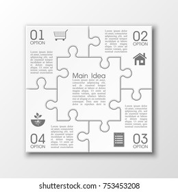 Four sided 3d puzzle presentation. Abstract puzzle infographic template with explanatory text field for business statistics. Vector four pieces puzzles illustration