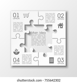 Four sided 3d puzzle presentation. Abstract puzzle infographic template with explanatory text field for business statistics. Vector four pieces puzzles illustration