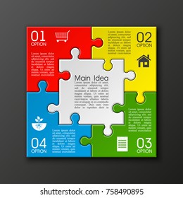 Four sided 3d puzzle presentation. Abstract puzzle infographic template with explanatory text field for business statistics. Vector four pieces puzzles illustration