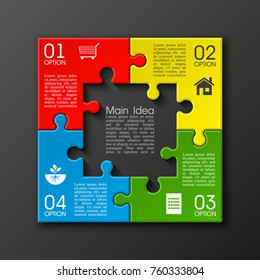 Four sided 3d puzzle presentation. Abstract puzzle infographic template with explanatory text field for business statistics. Vector four pieces puzzles illustration