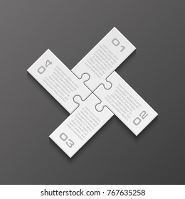 Four sided 3d puzzle presentation. Abstract puzzle infographic template with explanatory text field for business statistics. Vector four pieces puzzles illustration