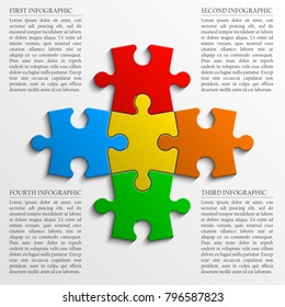 Four sided 3d puzzle presentation. Abstract puzzle infographic template with explanatory text field for business statistics. Vector four pieces puzzles illustration