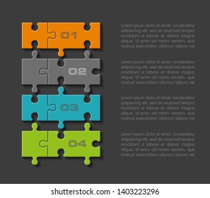 Four sided 3d round puzzle presentation. Abstract puzzle infographic template explanatory text business statistic. Vector 4 pieces puzzles illustration. Section four circle compare service banner