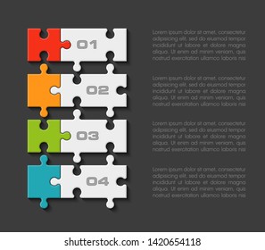 Four sided 3d round puzzle presentation. Abstract puzzle infographic template explanatory text business statistic. Vector 4 pieces puzzles illustration. Section four circle compare service banner