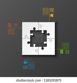 Four sided 3d square puzzle presentation. Abstract puzzle infographic template explanatory text field for business statistics. Vector 4 pieces puzzles illustration. Section four compare service banner