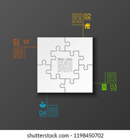 Four sided 3d square puzzle presentation. Abstract puzzle infographic template explanatory text field for business statistics. Vector 4 pieces puzzles illustration. Section four compare service banner