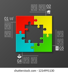 Four sided 3d square puzzle presentation. Abstract puzzle infographic template explanatory text field for business statistics. Vector 4 pieces puzzles illustration. Section four compare service banner