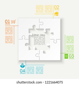 Four sided 3d square puzzle presentation. Abstract puzzle infographic template explanatory text field for business statistics. Vector 4 pieces puzzles illustration. Section four compare service banner