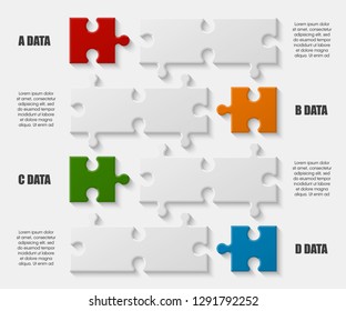Four sided 3d square puzzle presentation. Abstract puzzle infographic template explanatory text field for business statistics. Vector 4 pieces puzzles illustration. Section four compare service banner