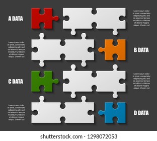 Four sided 3d square puzzle presentation. Abstract puzzle infographic template explanatory text field for business statistics. Vector 4 pieces puzzles illustration. Section four compare service banner