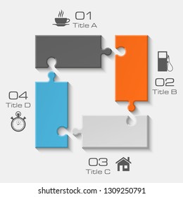 Four sided 3d square puzzle presentation. Abstract puzzle infographic template explanatory text field for business statistics. Vector 4 pieces puzzles illustration. Section four compare service banner