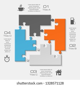 Four sided 3d square puzzle presentation. Abstract puzzle infographic template explanatory text field for business statistics. Vector 4 pieces puzzles illustration. Section four compare service banner