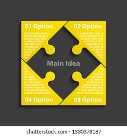 Four sided 3d square puzzle presentation. Abstract puzzle infographic template explanatory text field for business statistics. Vector 4 pieces puzzles illustration. Section four compare service banner
