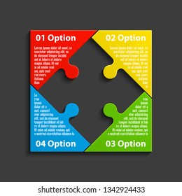 Four sided 3d square puzzle presentation. Abstract puzzle infographic template explanatory text field for business statistics. Vector 4 pieces puzzles illustration. Section four compare service banner