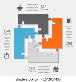 Four sided 3d square puzzle presentation. Abstract puzzle infographic template explanatory text field for business statistics. Vector 4 pieces puzzles illustration. Section four compare service banner
