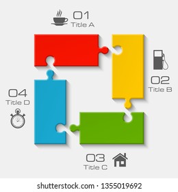 Four sided 3d square puzzle presentation. Abstract puzzle infographic template explanatory text field for business statistics. Vector 4 pieces puzzles illustration. Section four compare service banner