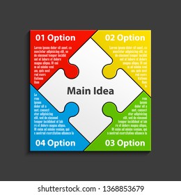 Four sided 3d square puzzle presentation. Abstract puzzle infographic template explanatory text field for business statistics. Vector 4 pieces puzzles illustration. Section four compare service banner