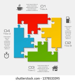 Four sided 3d square puzzle presentation. Abstract puzzle infographic template explanatory text field for business statistics. Vector 4 pieces puzzles illustration. Section four compare service banner