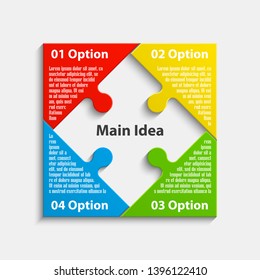 Four sided 3d square puzzle presentation. Abstract puzzle infographic template explanatory text field for business statistics. Vector 4 pieces puzzles illustration. Section four compare service banner