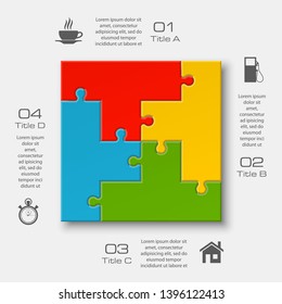 Four sided 3d square puzzle presentation. Abstract puzzle infographic template explanatory text field for business statistics. Vector 4 pieces puzzles illustration. Section four compare service banner