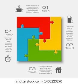 Four sided 3d square puzzle presentation. Abstract puzzle infographic template explanatory text field for business statistics. Vector 4 pieces puzzles illustration. Section four compare service banner